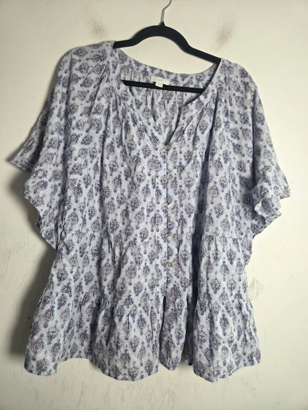 J.Jill Blue Tapestry Print Cottagecore Cotton Puff Sleeve Button Up Blouse Large